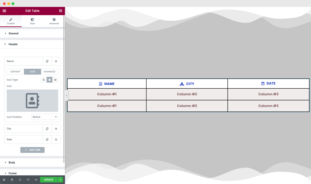 Add a Table Header to the Table Widget