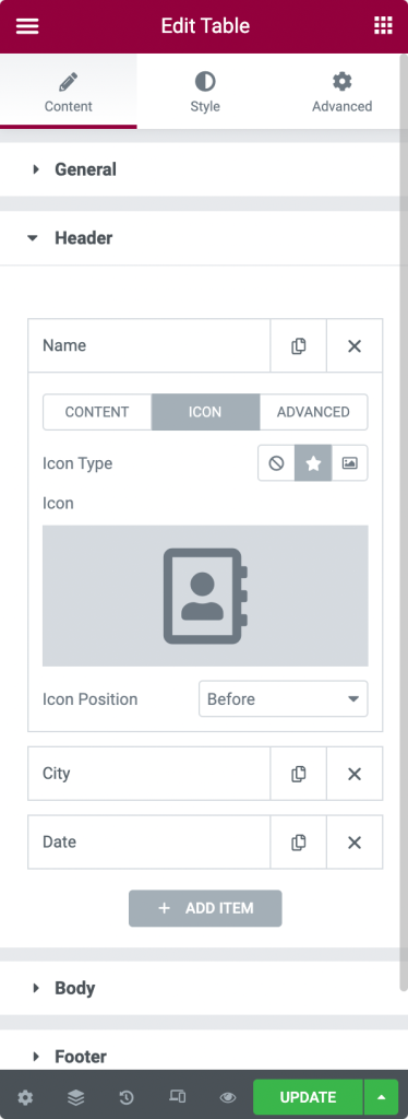 Customize Table Header Options