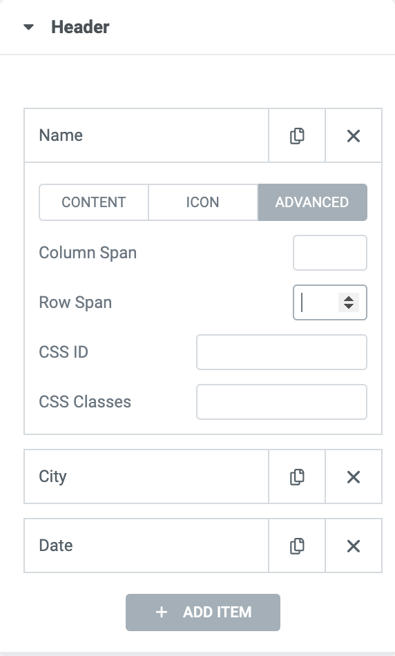 Advanced Options in Table Header