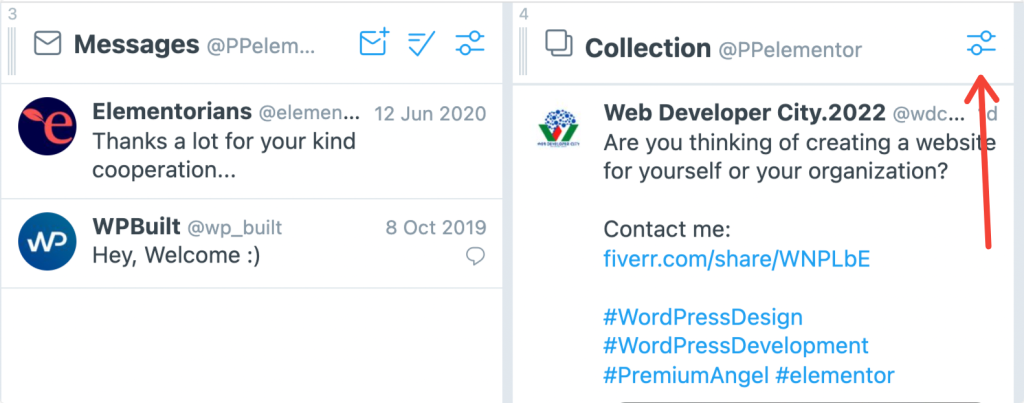 settings to display tweets collection url