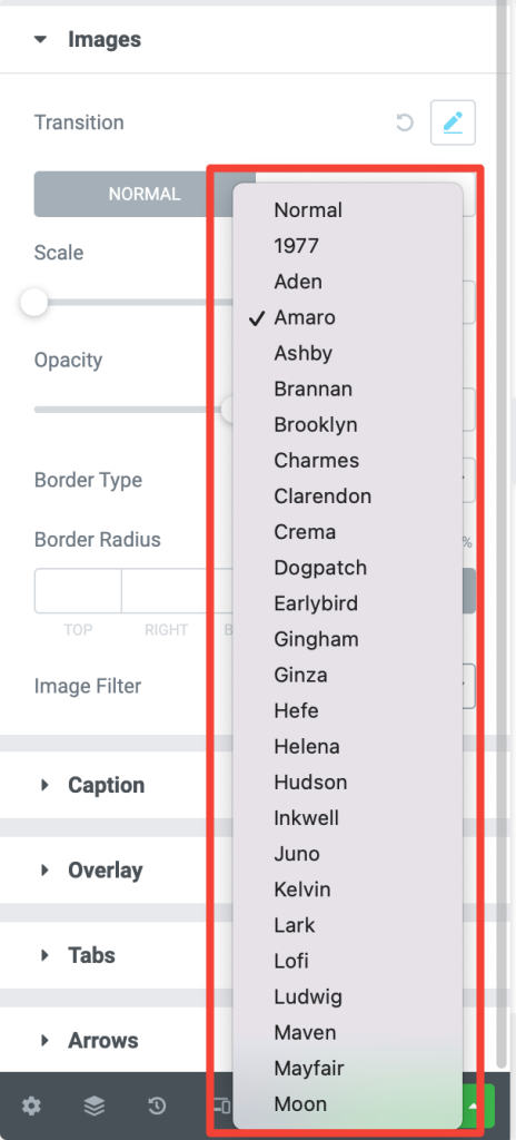 image filter options in the tabbed gallery widget