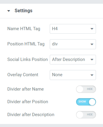 Settings Section in the Content Tab of the Team Member Widget