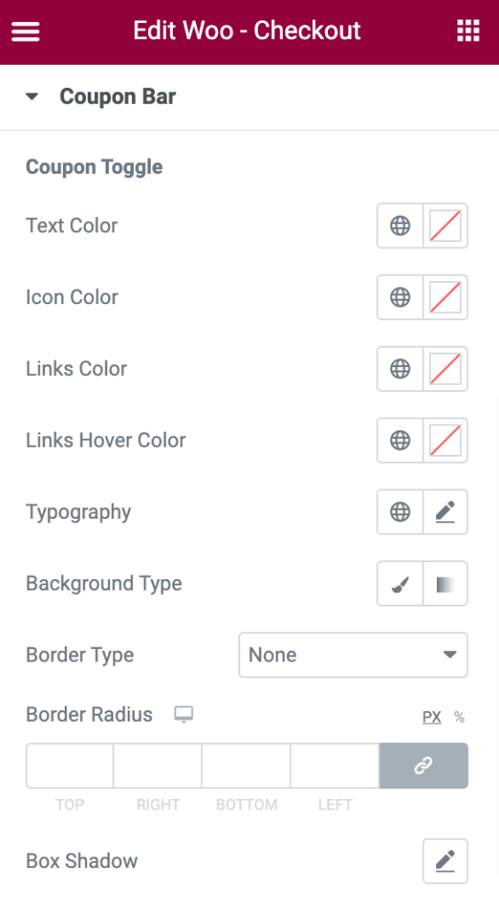 checkout widget coupon toggle customizations