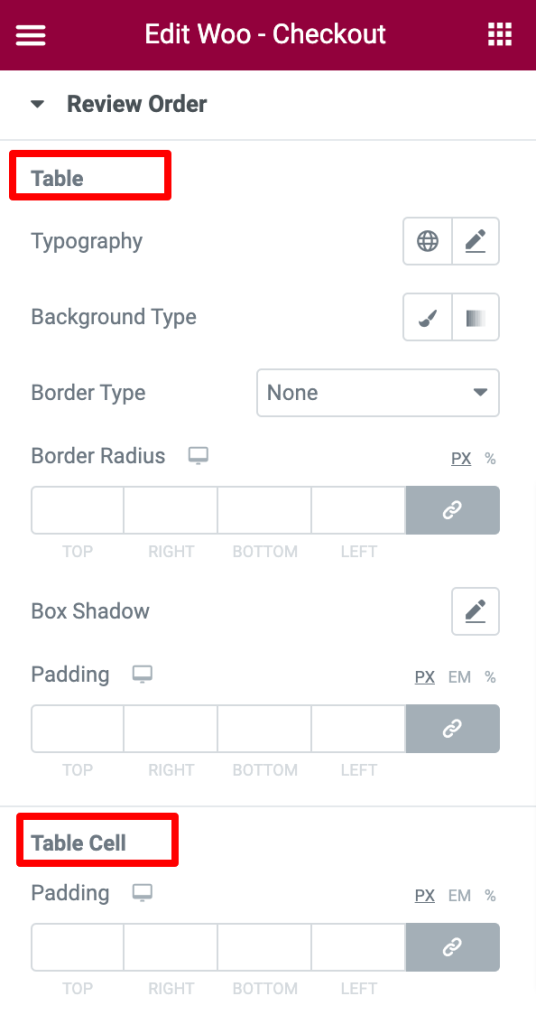 checkout widget review order table customization