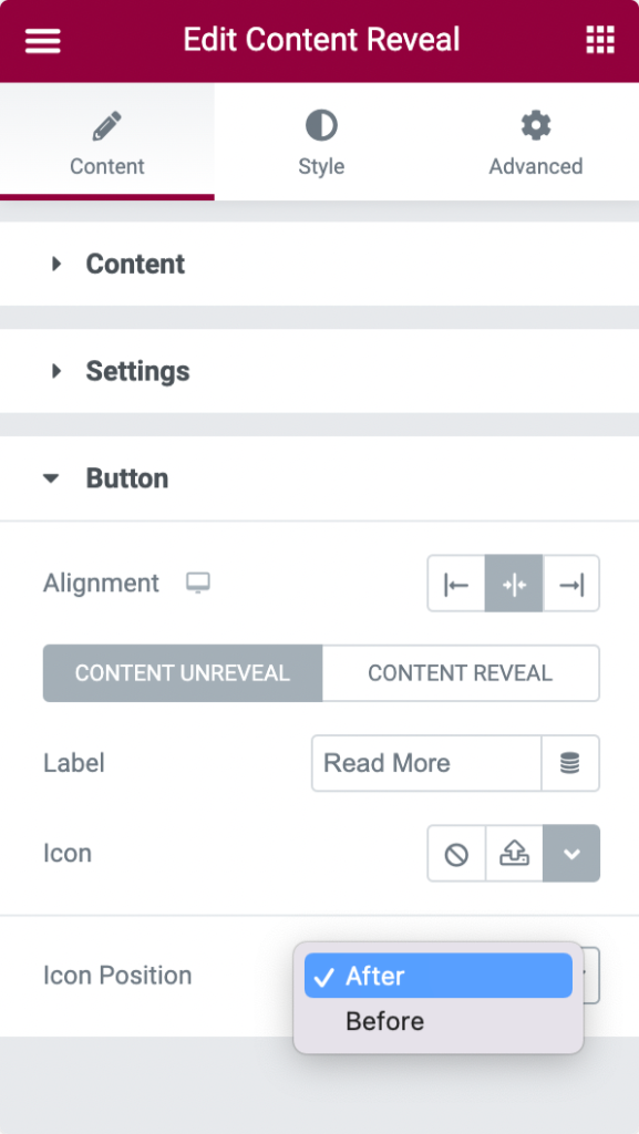 content reveal button customizations