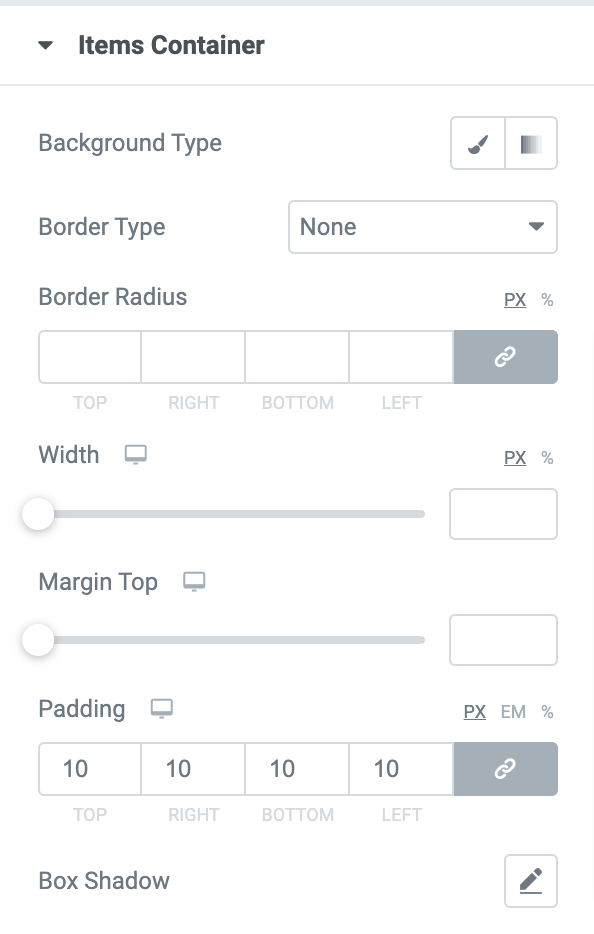 items container customization options