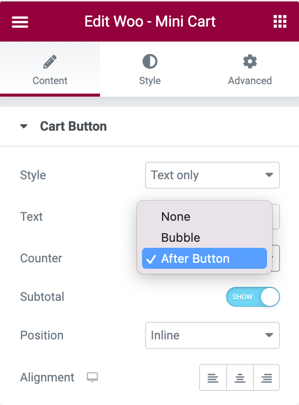 woocommerce mini cart widget counter option