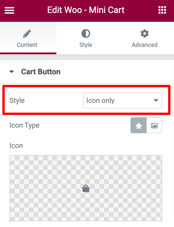 mini cart widget icon only option