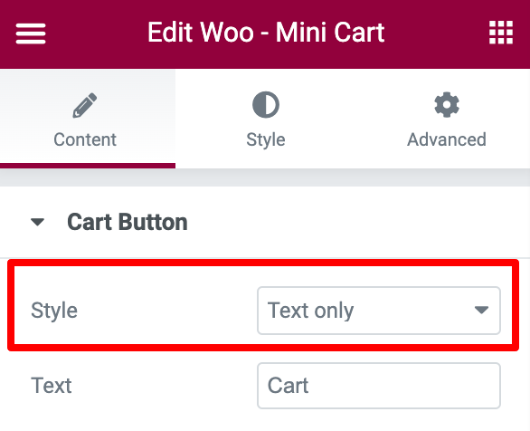 mini cart widget text only option