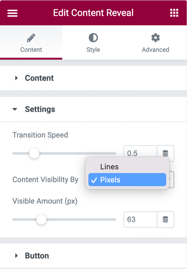 settings of content reveal widget