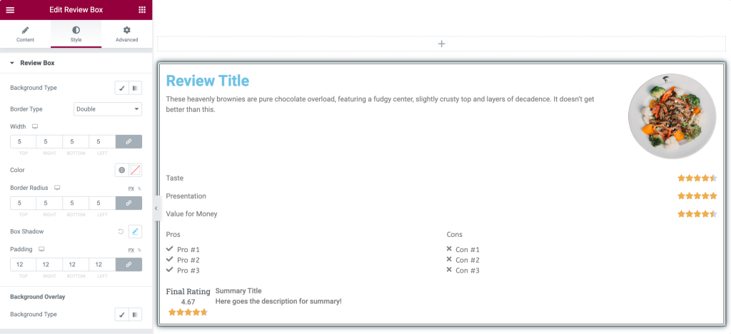 style tab of the review box widget for elementor