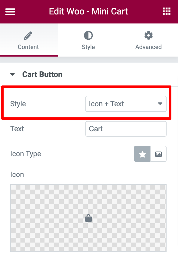 mini cart widget icon text option