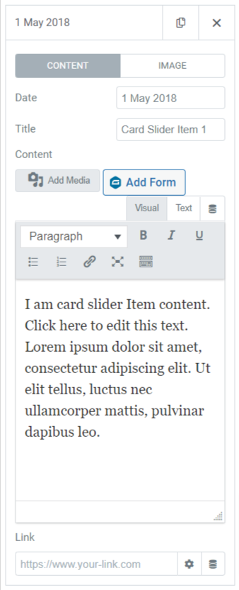 Souece Subsection in the Card Section of the Content Tab of Card Slider widget