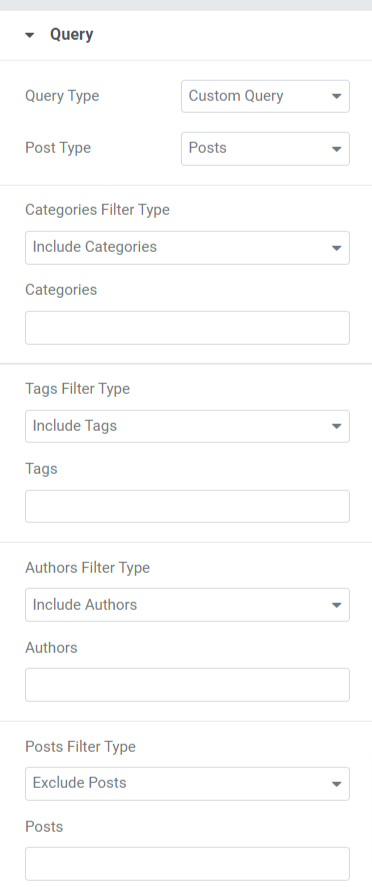 Query Section in the Content Tab of the Card Slider widget