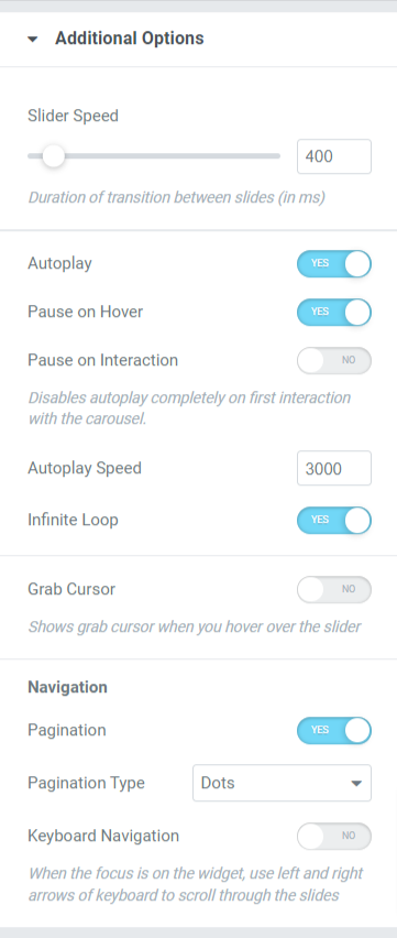 Additional Option Section in the Content Tab of the Card Slider Widget