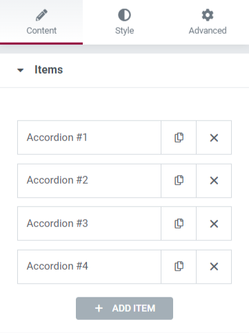 Items Section in the Content Tab of the Image Accordion Widget