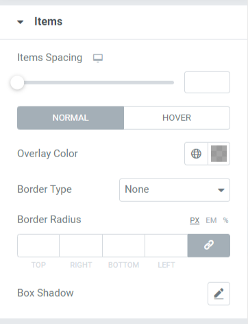 Items Section in the Style tab of the Image Accordion Widget