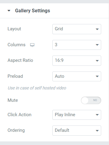 Gallery Setting section in the content tab of the Video Gallery Widget