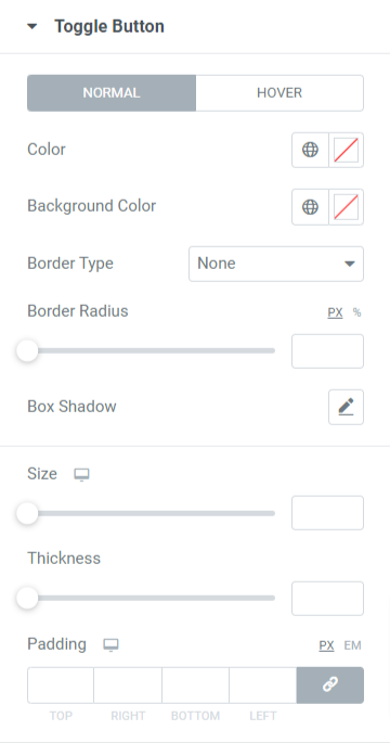 Toggle Button section in the style tab of the PowerPack Advanced Menu widget