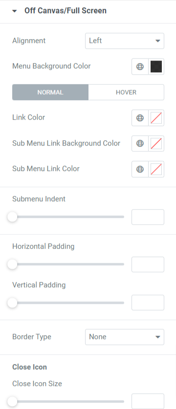 Off Canvas/Full Screen section in the style tab of the PowerPack Advanced Menu widget