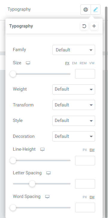 Typography options available in the typography section in the style tab of the Advanced Menu widget