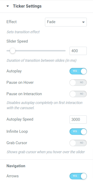 Ticker Settings section in the content tab of the PowerPack Content Ticker widget