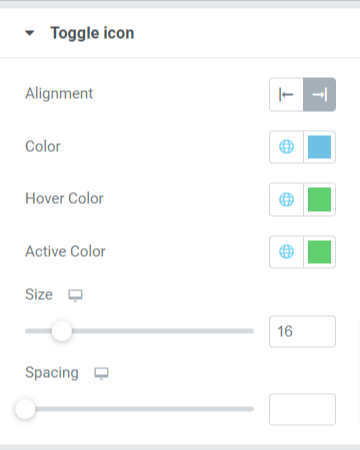 Toggle Icon section in the style tab of the FAQ widget
