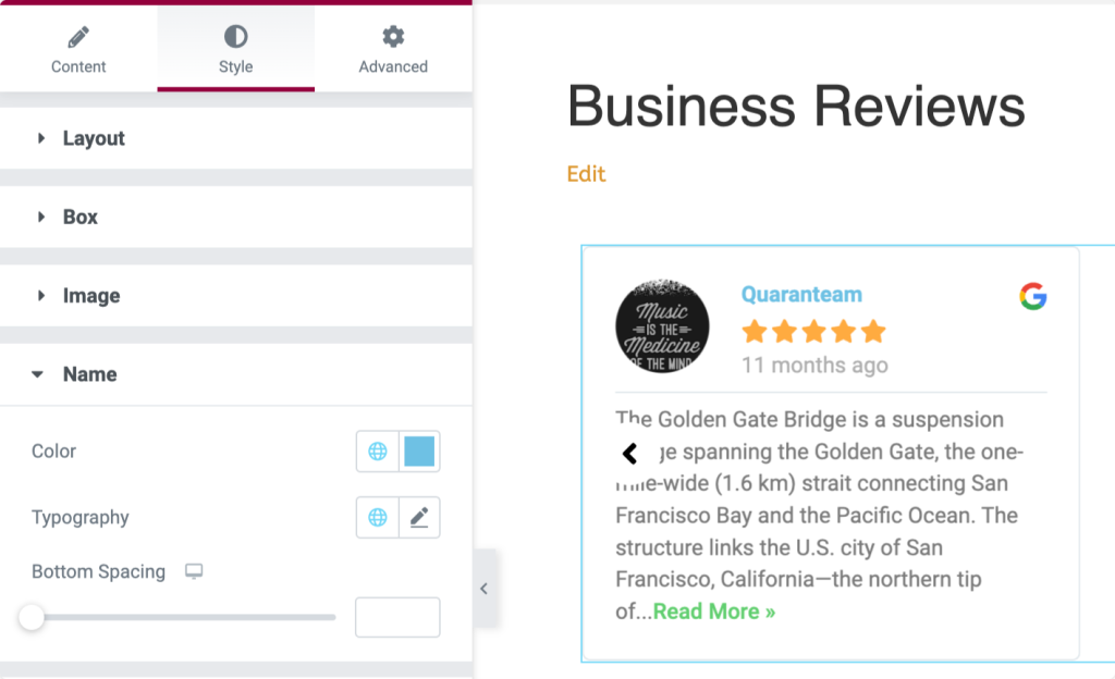 customize google business reviews with elementor