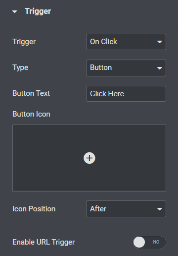 Trigger section in the Content tab of the Popup Box widget 