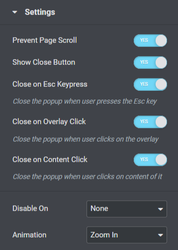 Settings section in the Content tab of the Popup Box widget 