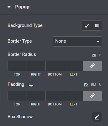 Popup section in the style tab of the Popup Box widget to add modal popups using Elementor