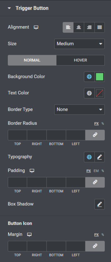 Trigger Button section in the style tab of the Popup Box widget to add modal popups using Elementor