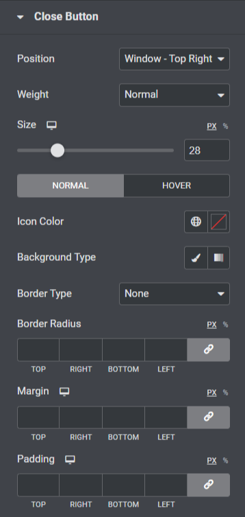 Close Button section in the style tab of the Popup Box widget to add modal popups using Elementor