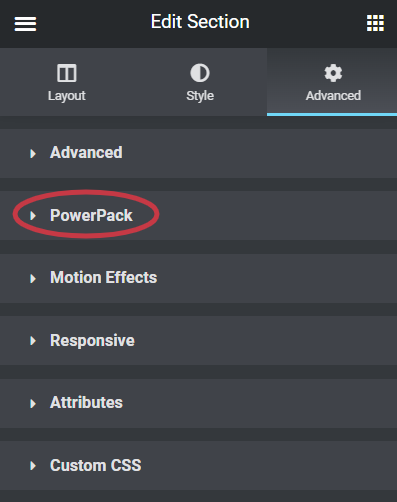 PowerPack Extension list on Elementor editor page