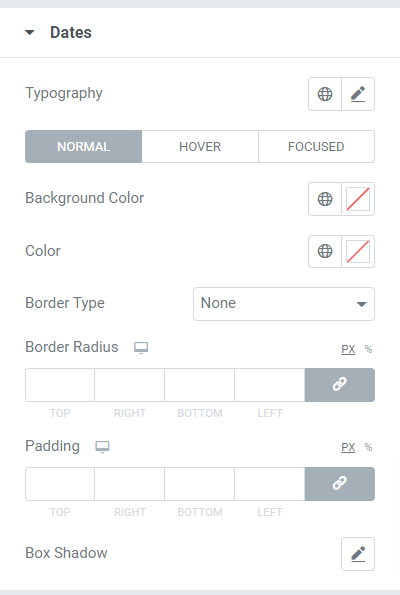 The dates section in the style tab of the PowerPack timeline widget