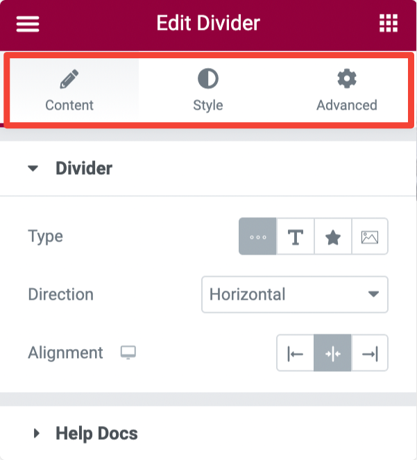 divider widget options