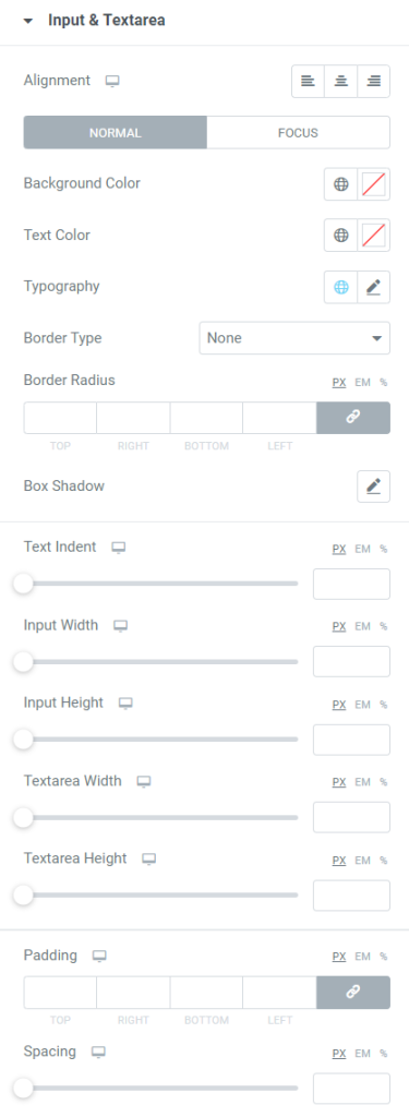 Input & Textarea section in the style tab of the PowerPack Fluent Forms widget