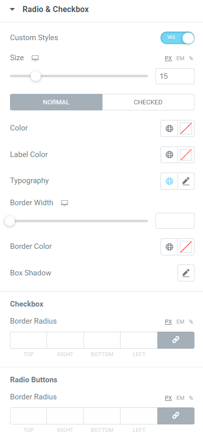 Radio & Checkbox section in the style tab of the PowerPack Fluent Forms widget