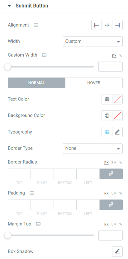 Submit Button section in the style tab of the PowerPack Fluent Forms widget