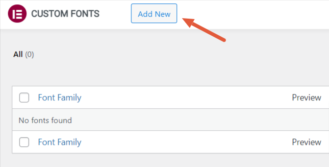 Click to 'Add New' button on the custom fonts feature of the Elementor on your WP Admin Dashboard.