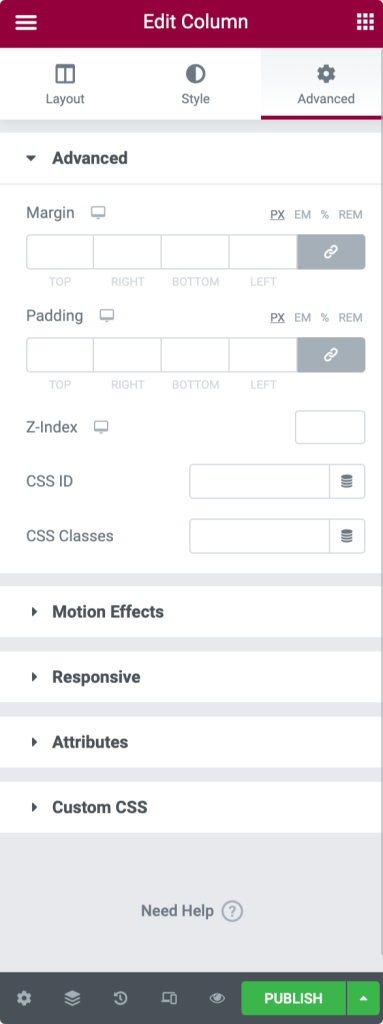 advanced tab of elementor column