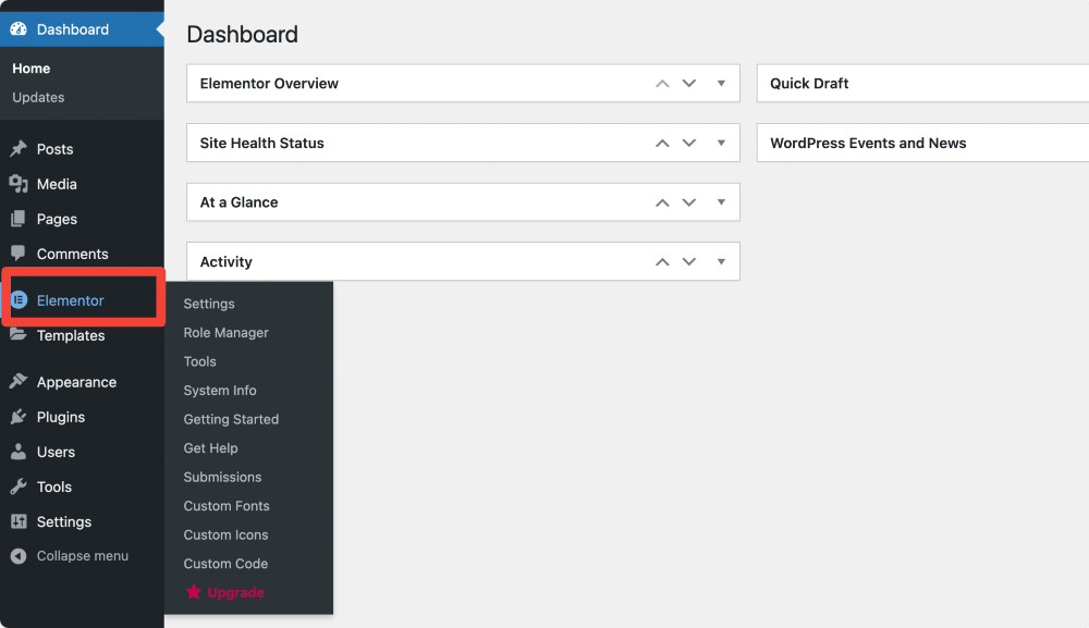 open elementor backend settings