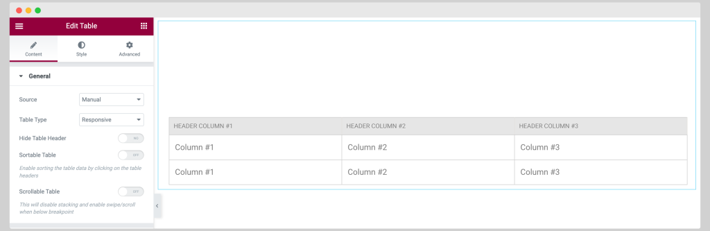 elementor table default layout