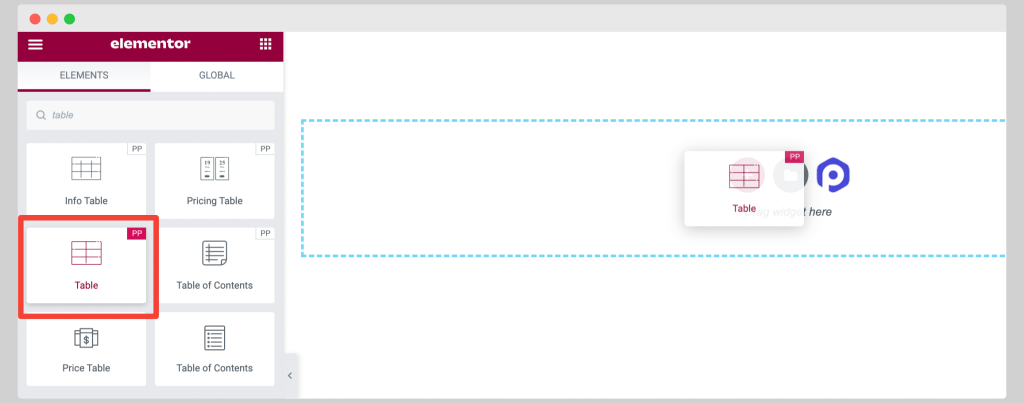 elementor table widget