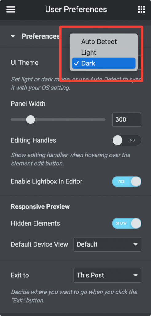 enable dark Mode in elementor