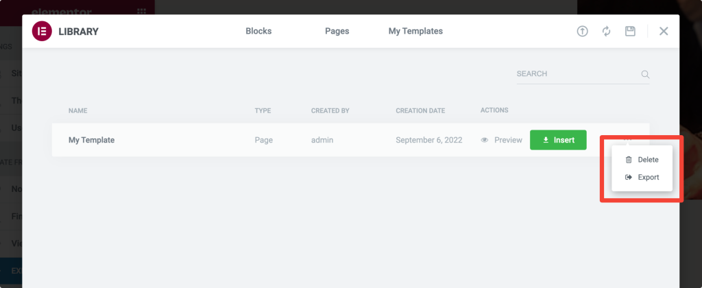export elementor template from library