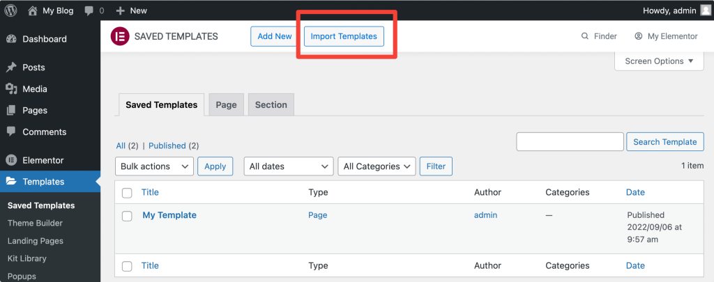 import templates in elementor