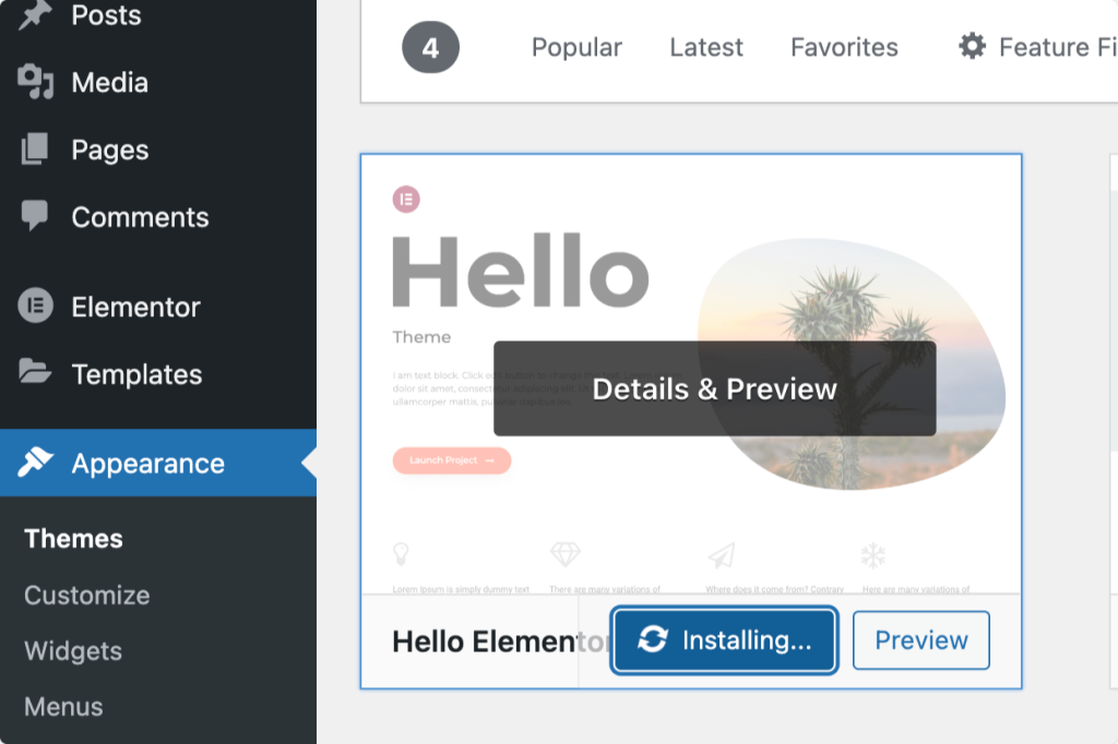 install and activate elementor hello theme