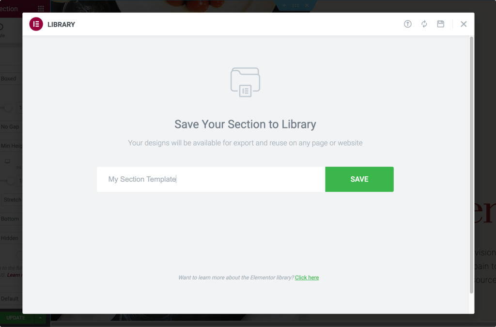 save you elementor section as a template
