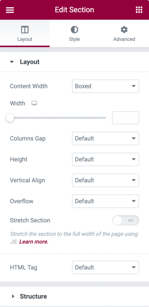 section layout options